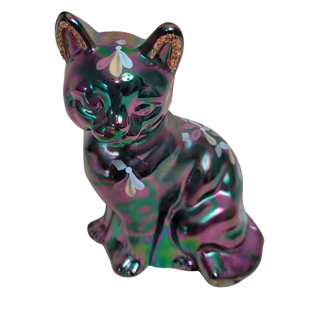 Fenton Iridescent Glass Hand Painted Sitting Cat Signed Multicolored. Flowers.